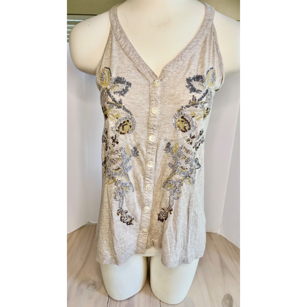Banana Republic Heritage Beige Sequin  Embroidered Button Front Tank Top XS Boho